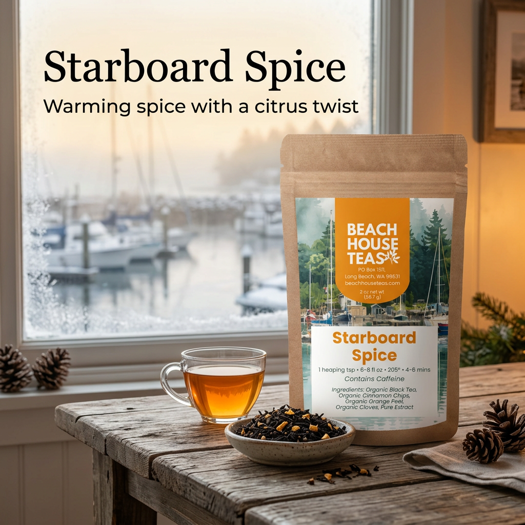 Starboard Spice pouch beside amber black tea and loose blend in a cozy cottage overlooking a winter marina.