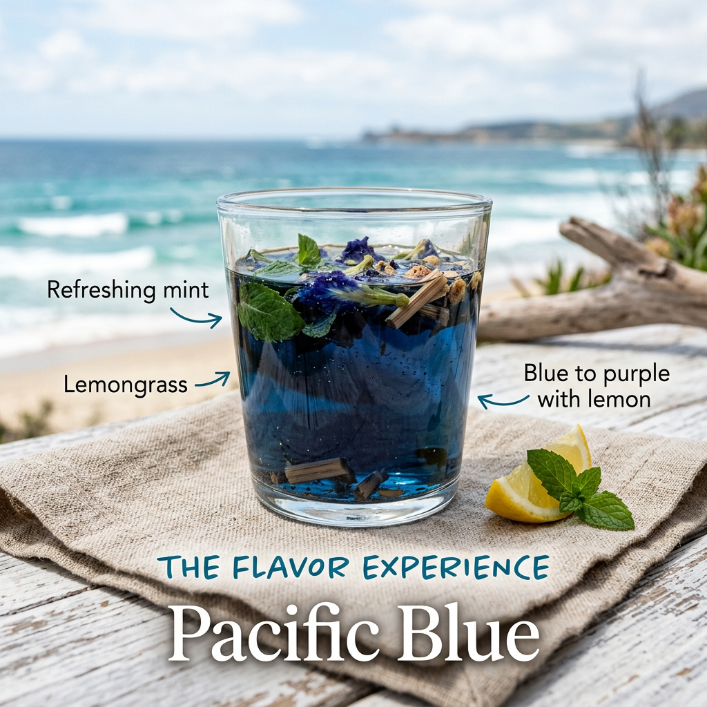 Pacific Blue flavor slide highlighting mint, lemongrass and blue-to-purple tea with lemon.