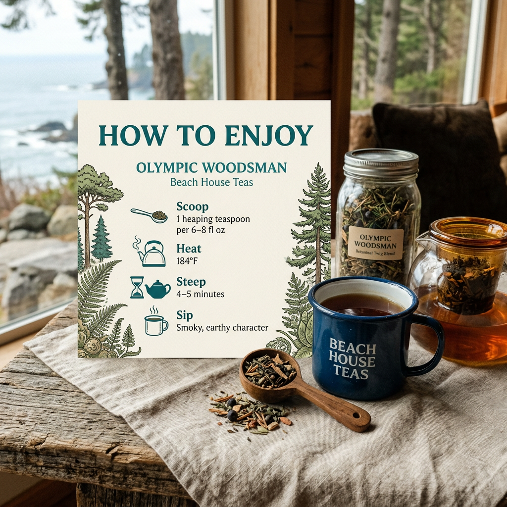 Olympic Woodsman brewing guide: one heaping teaspoon per 6–8 fl oz, water at 184°F, steep 4–5 minutes.