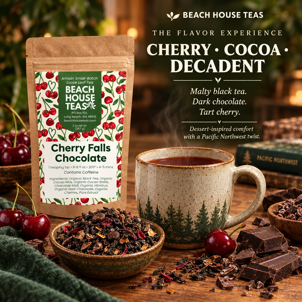 Cherry Falls Chocolate pouch and tea with cherries and chocolate, highlighting malty black tea, dark chocolate and tart cherry.
