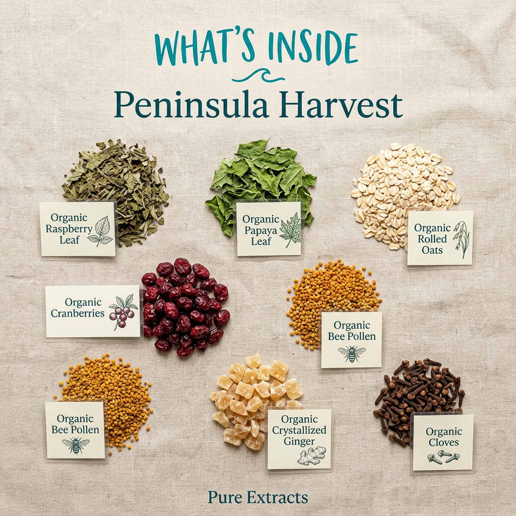 Peninsula Harvest ingredients: raspberry leaf, papaya leaf, oats, cranberries, bee pollen, crystallized ginger, cloves and pure extracts, without packaging.