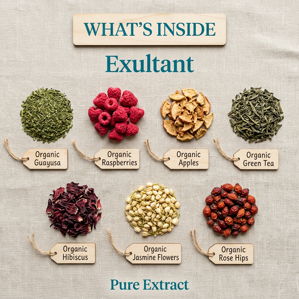 Exultant ingredients: guayusa, raspberries, apples, green tea, hibiscus, jasmine flowers, rose hips and pure extract, without packaging.