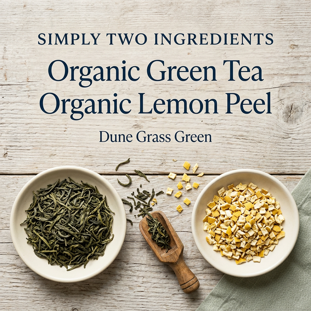 Simply two ingredients: Organic Green Tea and Organic Lemon Peel. Dune Grass Green. Two cream dishes of dried green tea leaves and lemon peel with a wooden scoop on pale weathered wood and sage linen, without packaging.