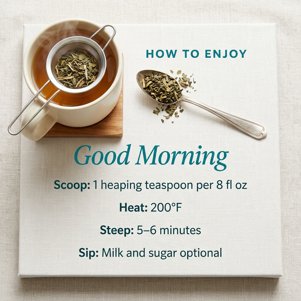 Good Morning brewing guide: 1 heaping teaspoon per 8 fl oz, water at 200°F, steep 5–6 minutes.
