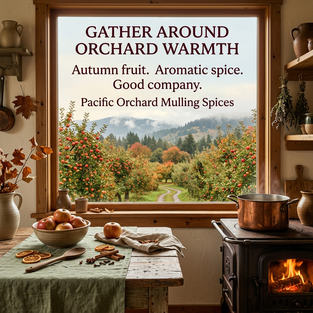 Pacific Orchard brand story: gather around orchard warmth with autumn fruit, aromatic spice and good company.