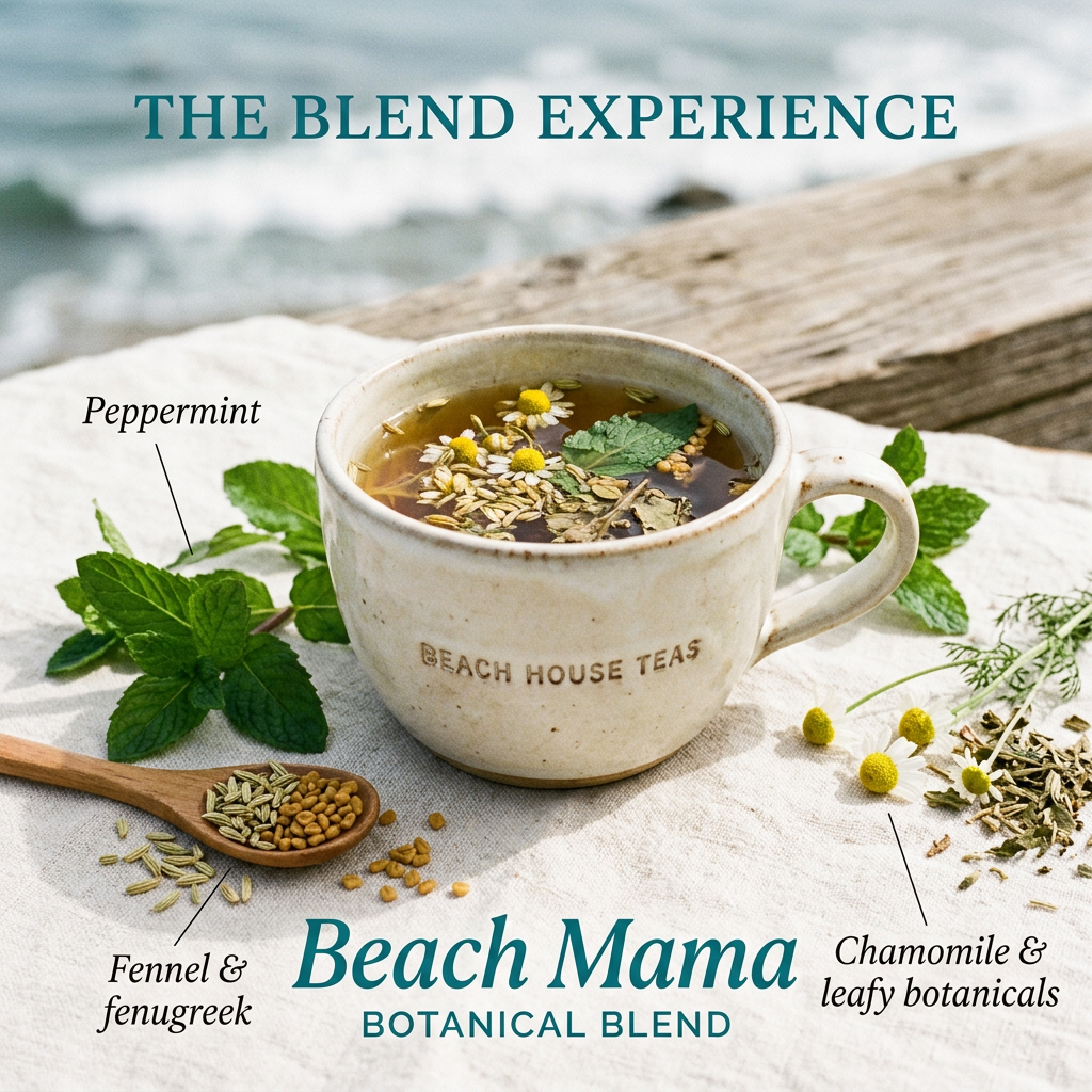 Beach Mama blend slide highlighting peppermint, fennel, fenugreek, chamomile and leafy botanicals.