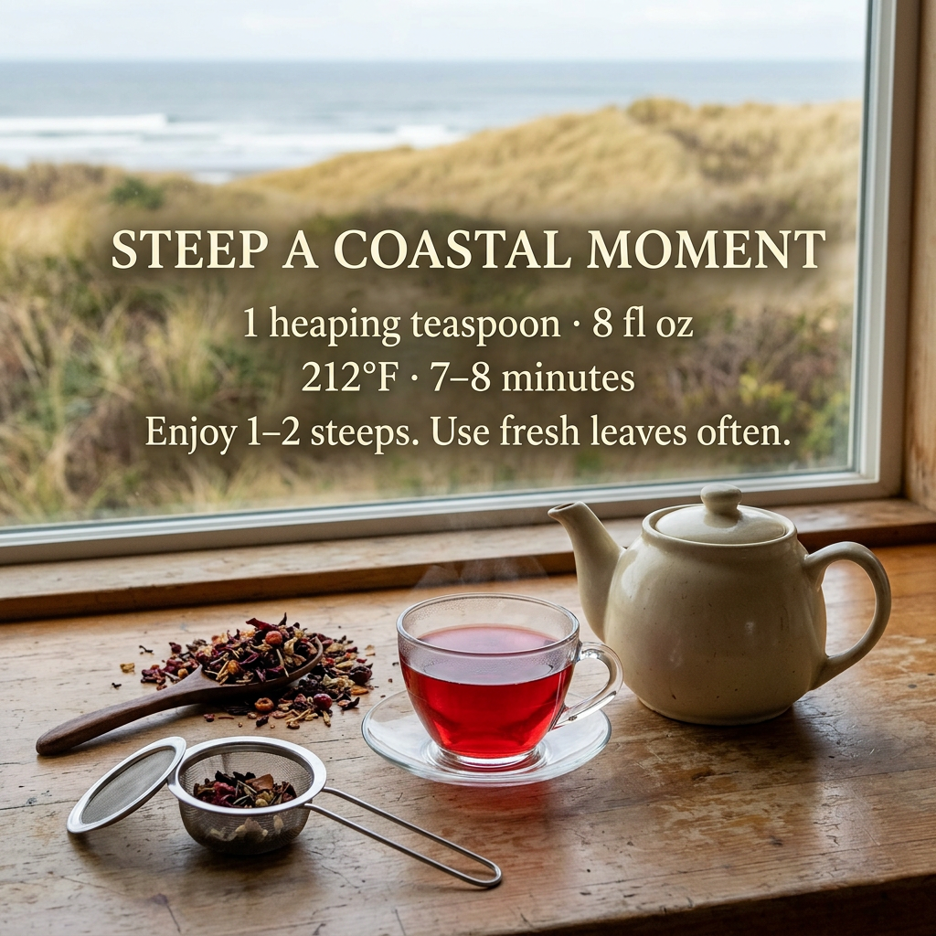 Ocean Shores loose leaf brewing: 1 heaping teaspoon per 8 fl oz, 212°F, 7–8 minutes. Enjoy 1–2 steeps; use fresh leaves often.
