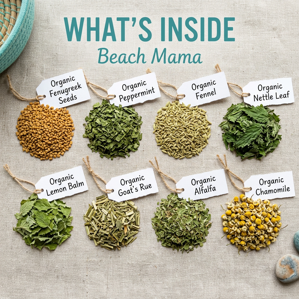 Beach Mama ingredients: fenugreek seeds, peppermint, fennel, nettle leaf, lemon balm, goat's rue, alfalfa and chamomile, without packaging.