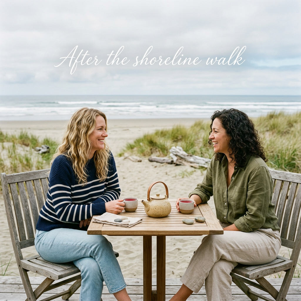 Two friends enjoying Surf Break tea after a shoreline walk at a coastal cottage table.