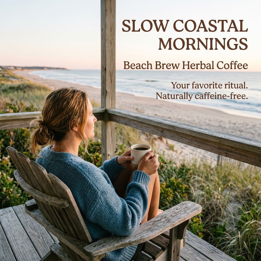 Beach Brew lifestyle slide showing a person in a blue sweater holding a cream mug on an ocean-view porch, with Slow coastal mornings and Naturally caffeine-free wording.