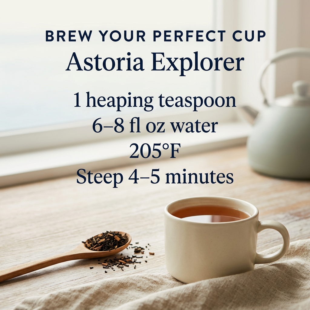 Astoria Explorer brewing guide: 1 heaping teaspoon, 6–8 fl oz water, 205°F, steep 4–5 minutes. A cream mug of amber tea beside a wooden spoon of loose tea on a pale wooden counter.