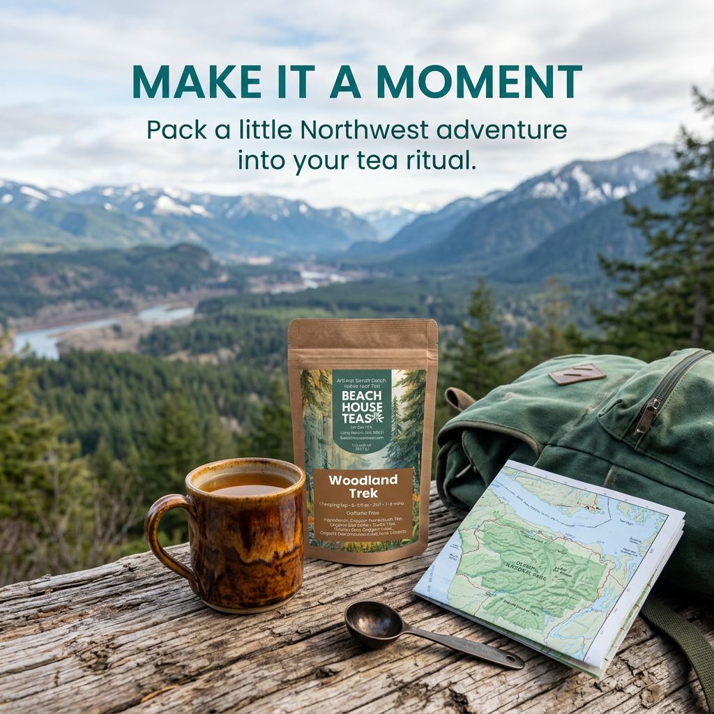 Woodland Trek forest overlook lifestyle slide with ceramic tea mug.