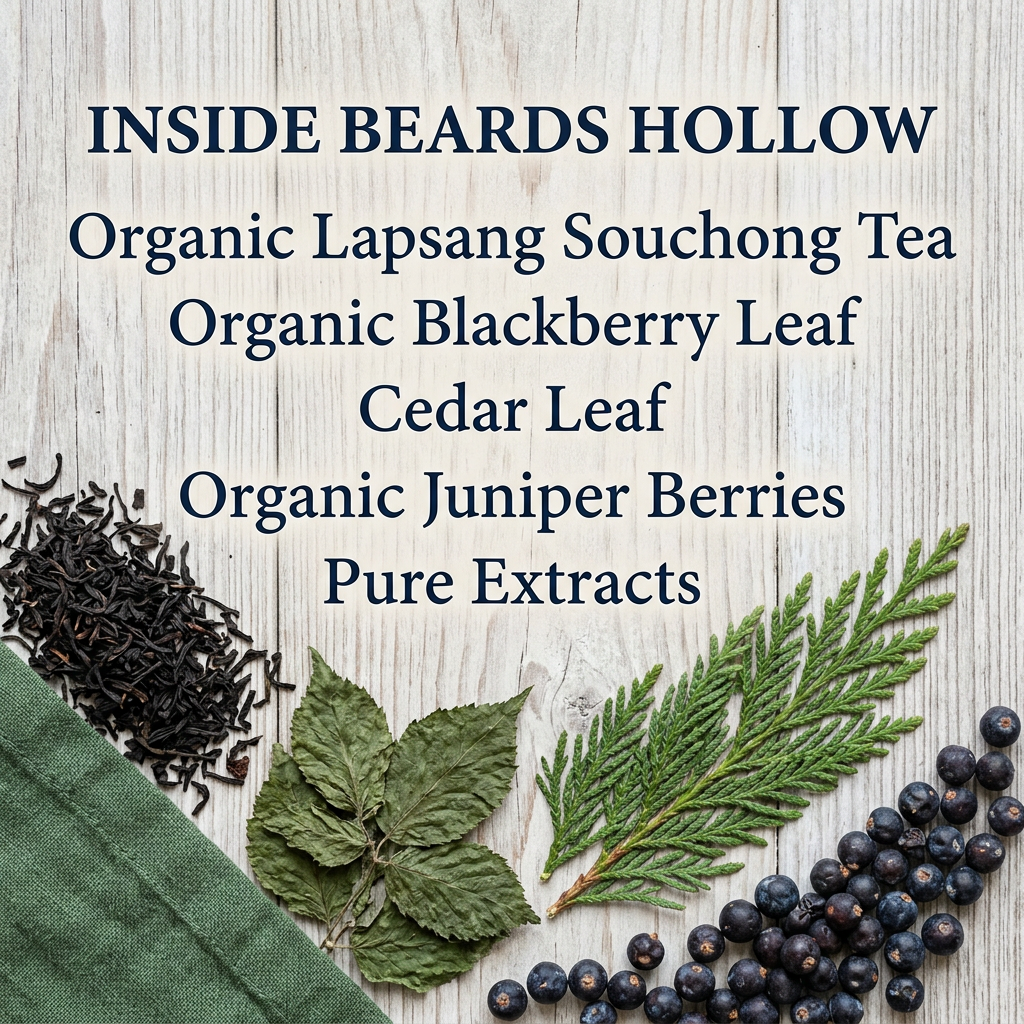 Beards Hollow ingredients: organic Lapsang Souchong tea, organic blackberry leaf, cedar leaf, organic juniper berries and pure extracts.