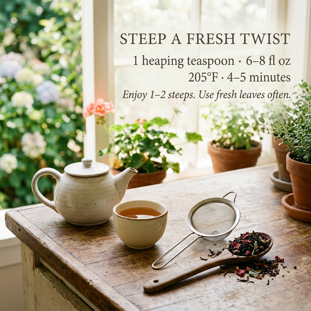 Rose City Dark brewing: 1 heaping teaspoon per 6–8 fl oz, 205°F, 4–5 minutes. Enjoy 1–2 steeps; use fresh leaves often.