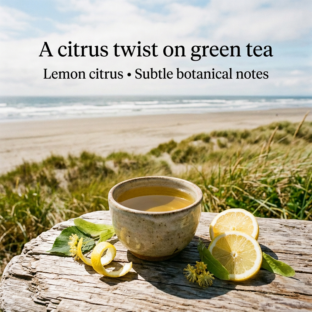 Seagrass Green tea with lemon citrus and subtle botanical notes beside coastal dunes.