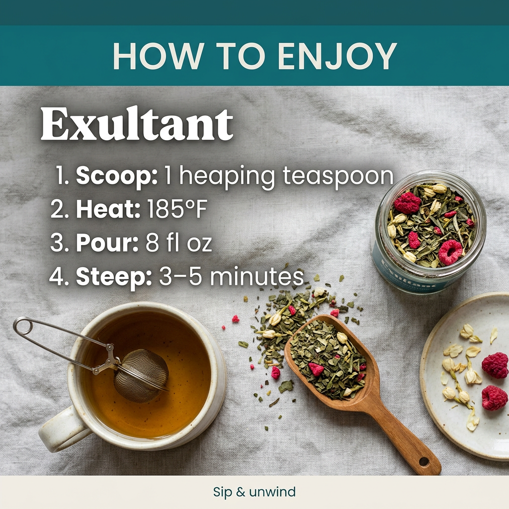 Exultant brewing guide: 1 heaping teaspoon per 8 fl oz, water at 185°F, steep 3–5 minutes.