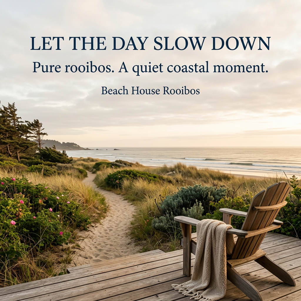 A wooden Adirondack chair with an oatmeal throw overlooks a sandy path through coastal dunes to the ocean in warm evening light. Let the day slow down. Pure rooibos. A quiet coastal moment. Beach House Rooibos.