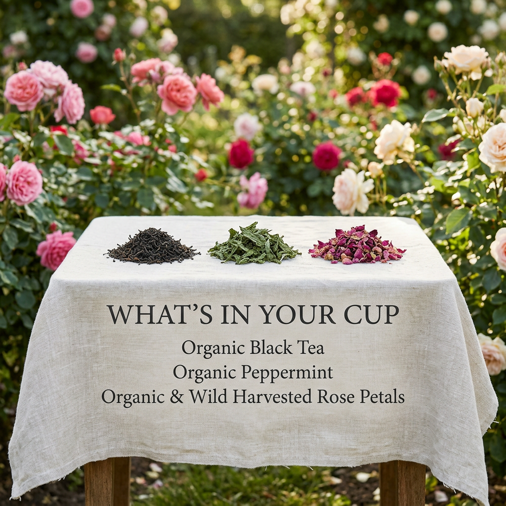 Rose City Dark ingredients: organic black tea, organic peppermint, and organic and wild harvested rose petals.