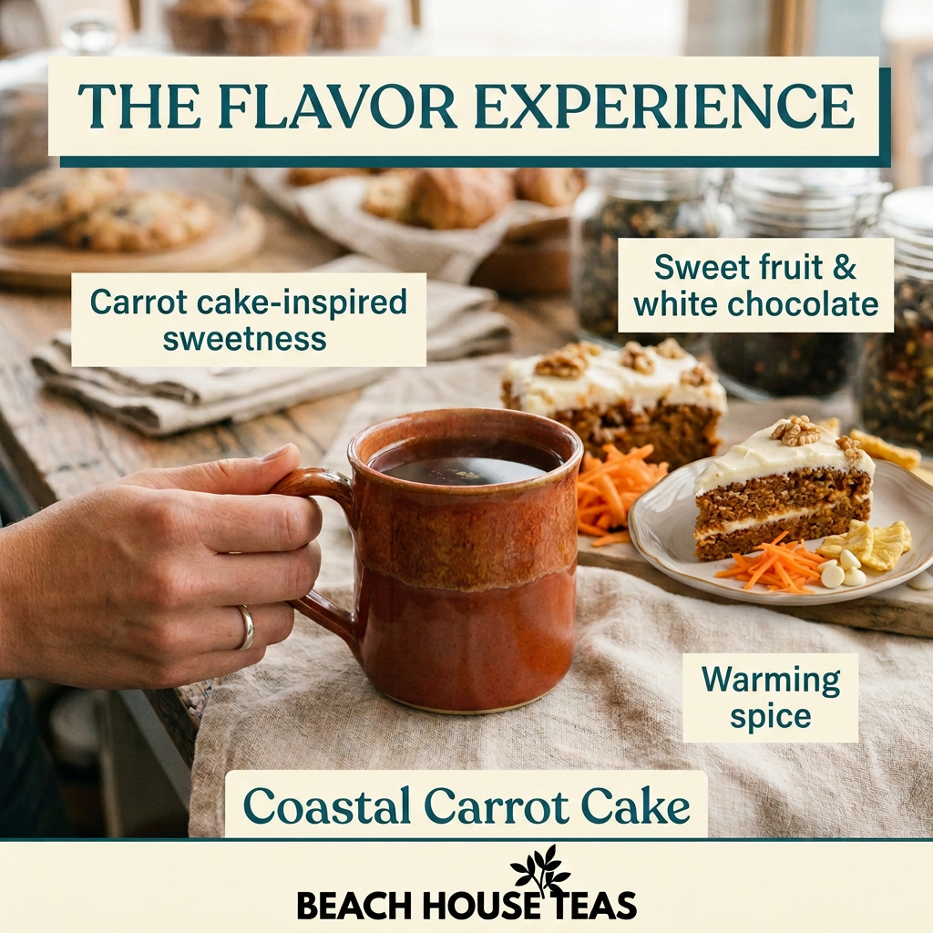 Coastal Carrot Cake flavor slide with plain ceramic tea mug, carrot cake serving pairing, sweet fruit and white chocolate notes, warming spice, and horizontal Beach House Teas logo.