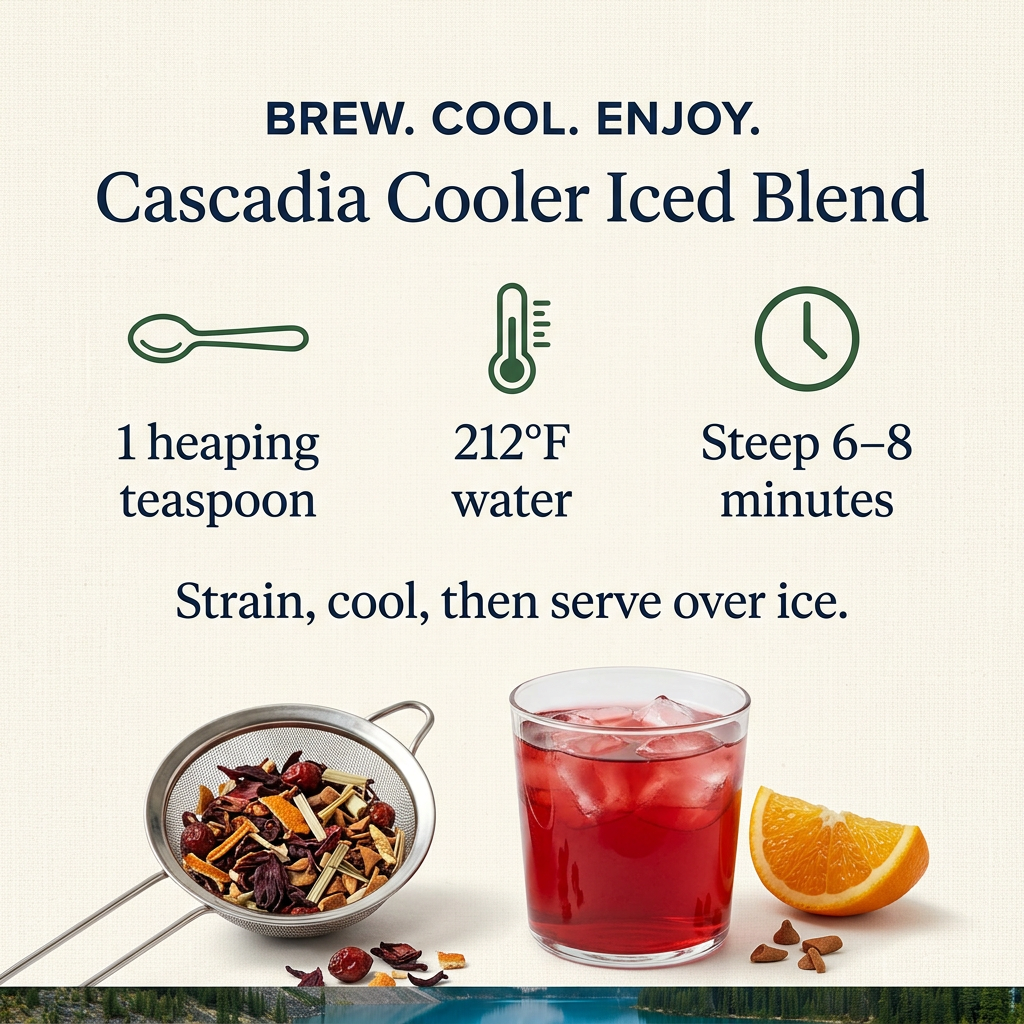 Cascadia Cooler Iced Blend brewing guide: 1 heaping teaspoon, 212°F water, steep 6–8 minutes. Strain, cool, then serve over ice.