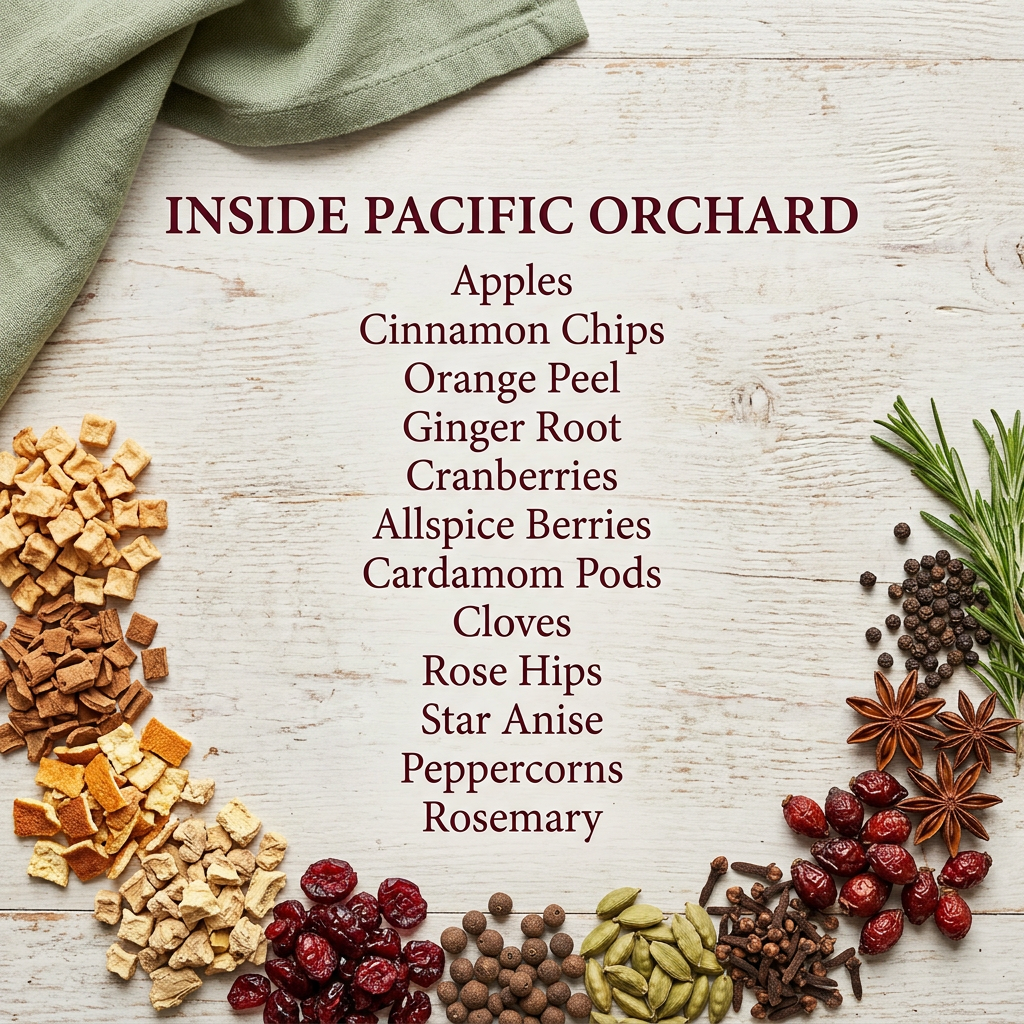 Pacific Orchard ingredients: apples, cinnamon chips, orange peel, ginger root, cranberries, allspice berries, cardamom pods, cloves, rose hips, star anise, peppercorns and rosemary.