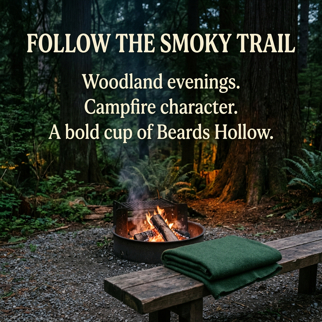 Beards Hollow brand story: follow the smoky trail, with woodland evenings and campfire character.