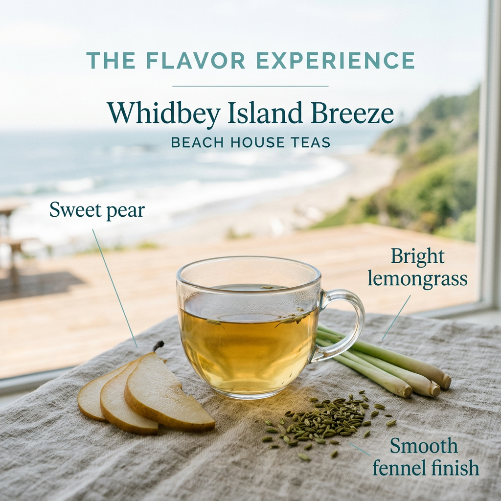 Whidbey Island Breeze flavor slide highlighting sweet pear, lemongrass and a smooth fennel finish.
