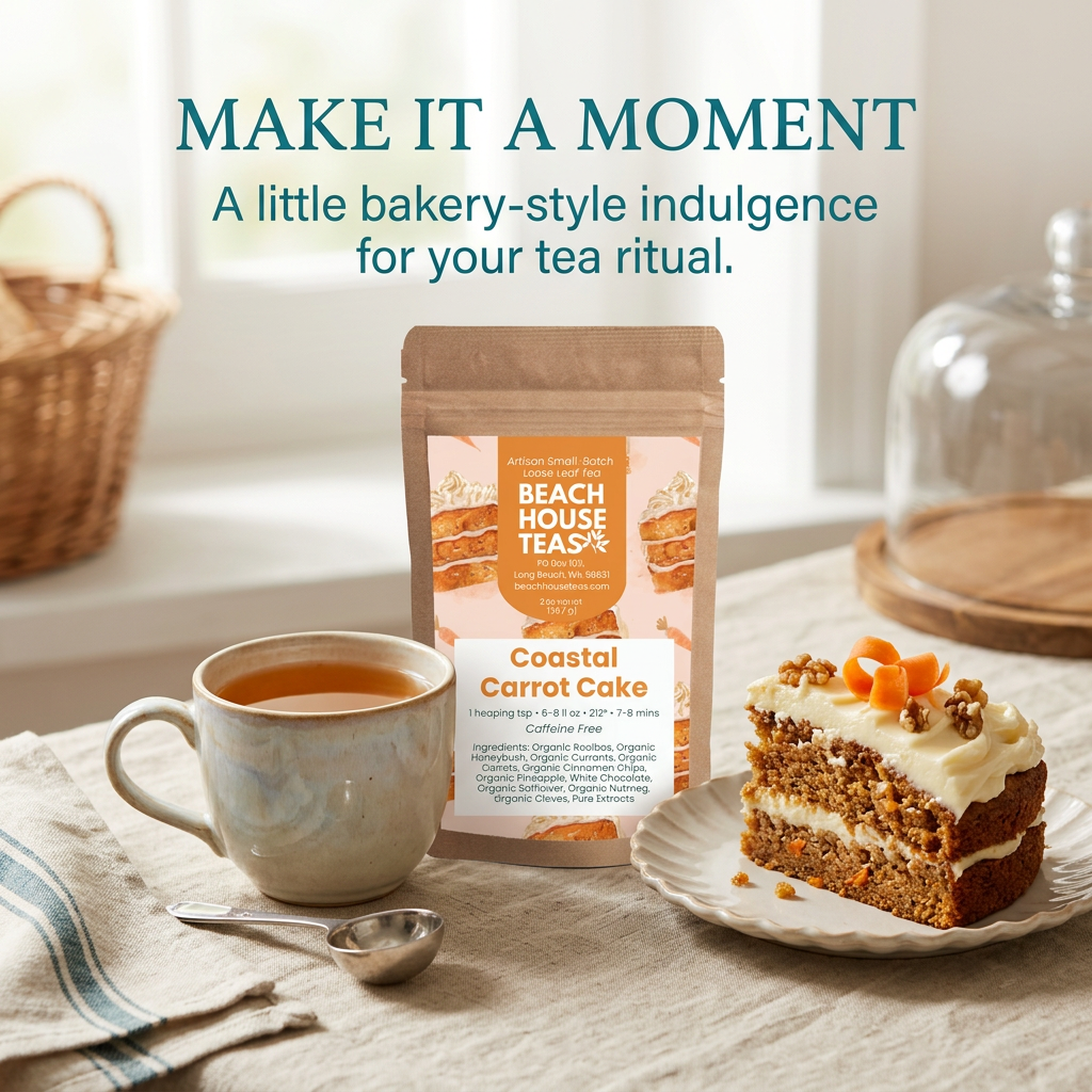 Coastal Carrot Cake lifestyle slide with tea mug, pouch and a slice of frosted carrot cake.