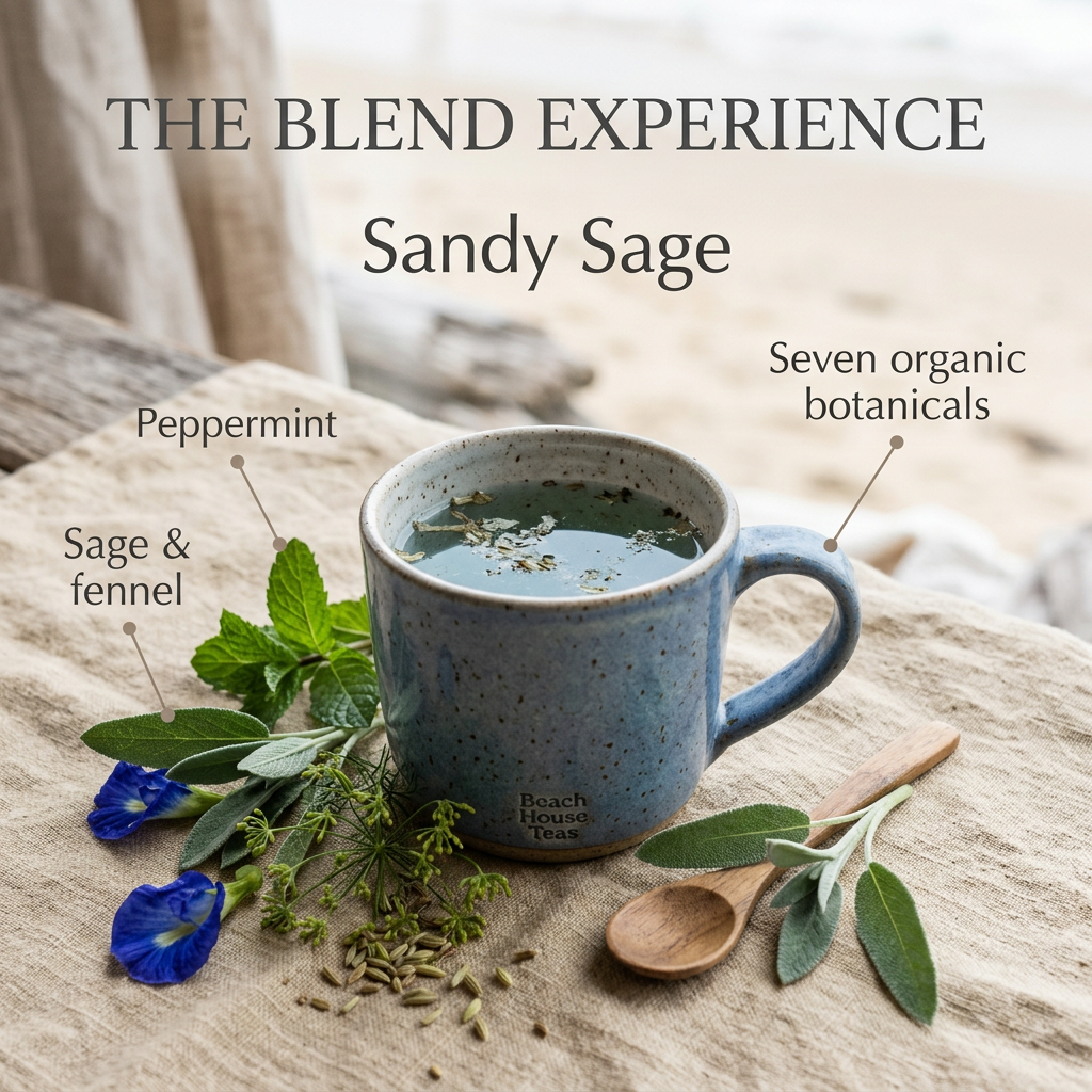 Sandy Sage blend highlights: peppermint, sage, fennel and seven organic botanicals.