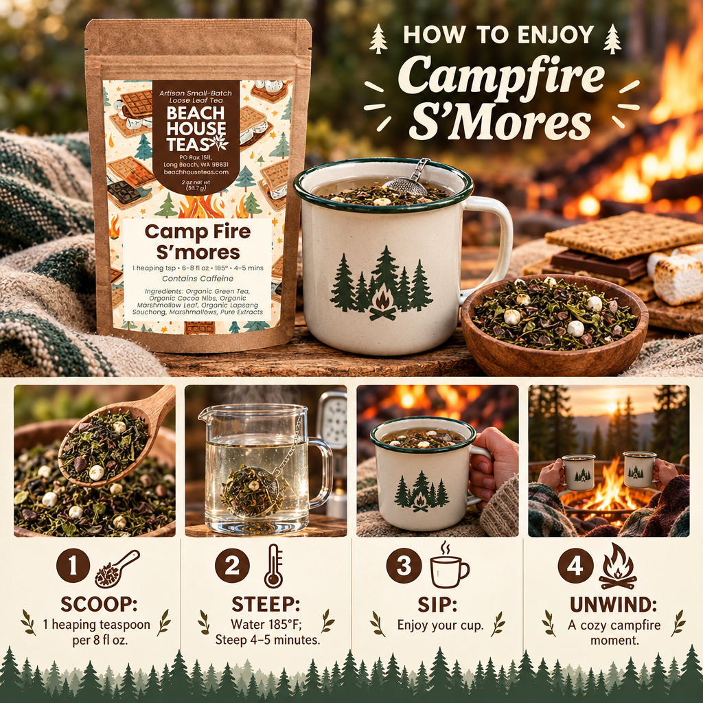 Campfire S'Mores brewing guide: 1 heaping teaspoon per 8 fl oz, water at 185°F, steep 4–5 minutes; scoop, steep, sip, unwind.