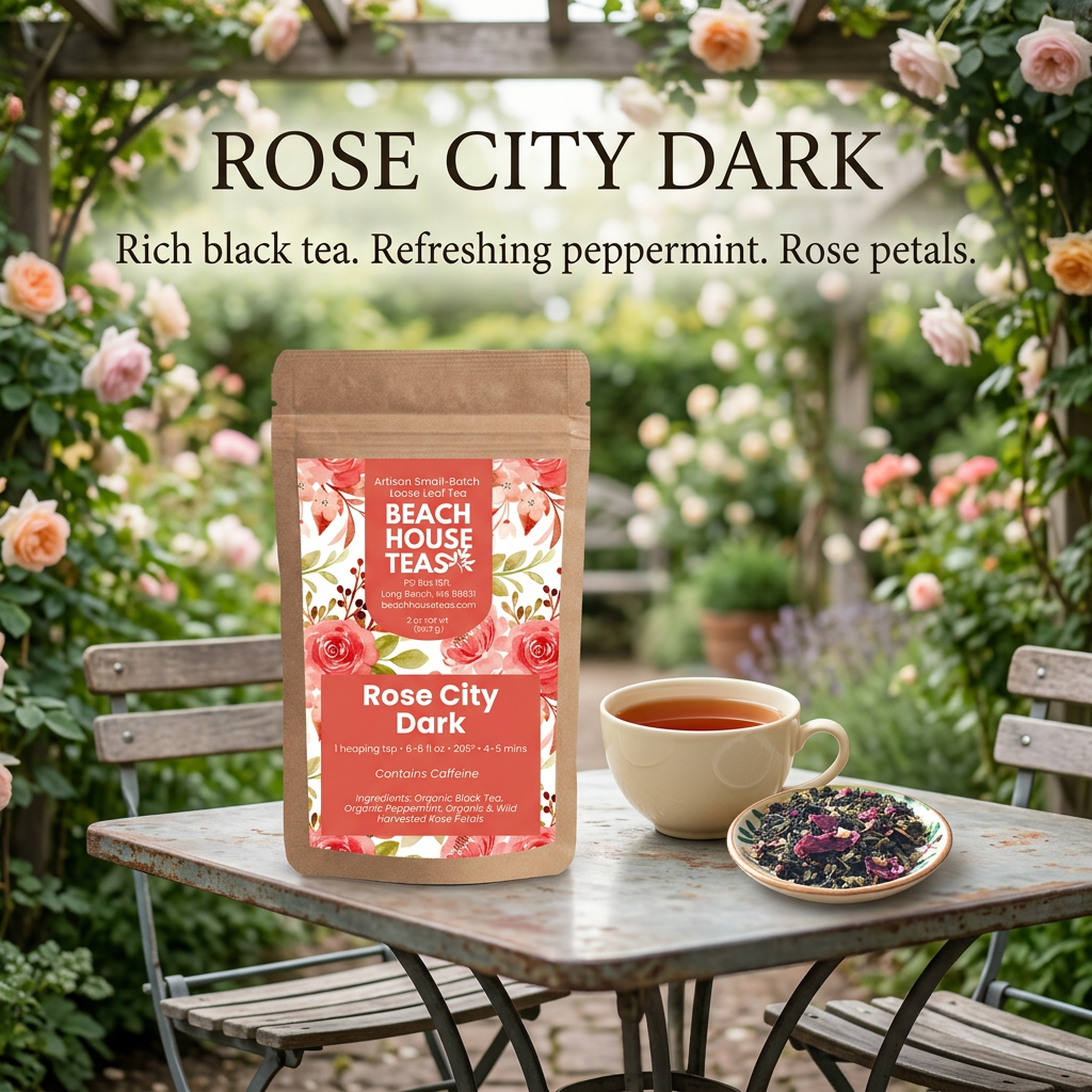 Rose City Dark pouch with amber tea and loose black tea, peppermint and rose petals in a rose garden.