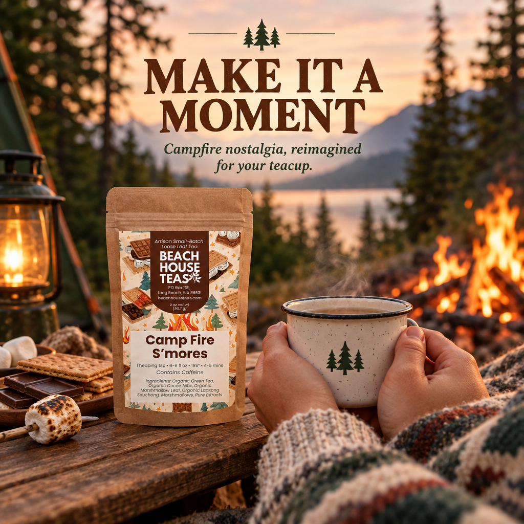 Hands holding an enamel tea mug beside a Campfire S'Mores pouch, blanket, lantern and glowing forest campfire.