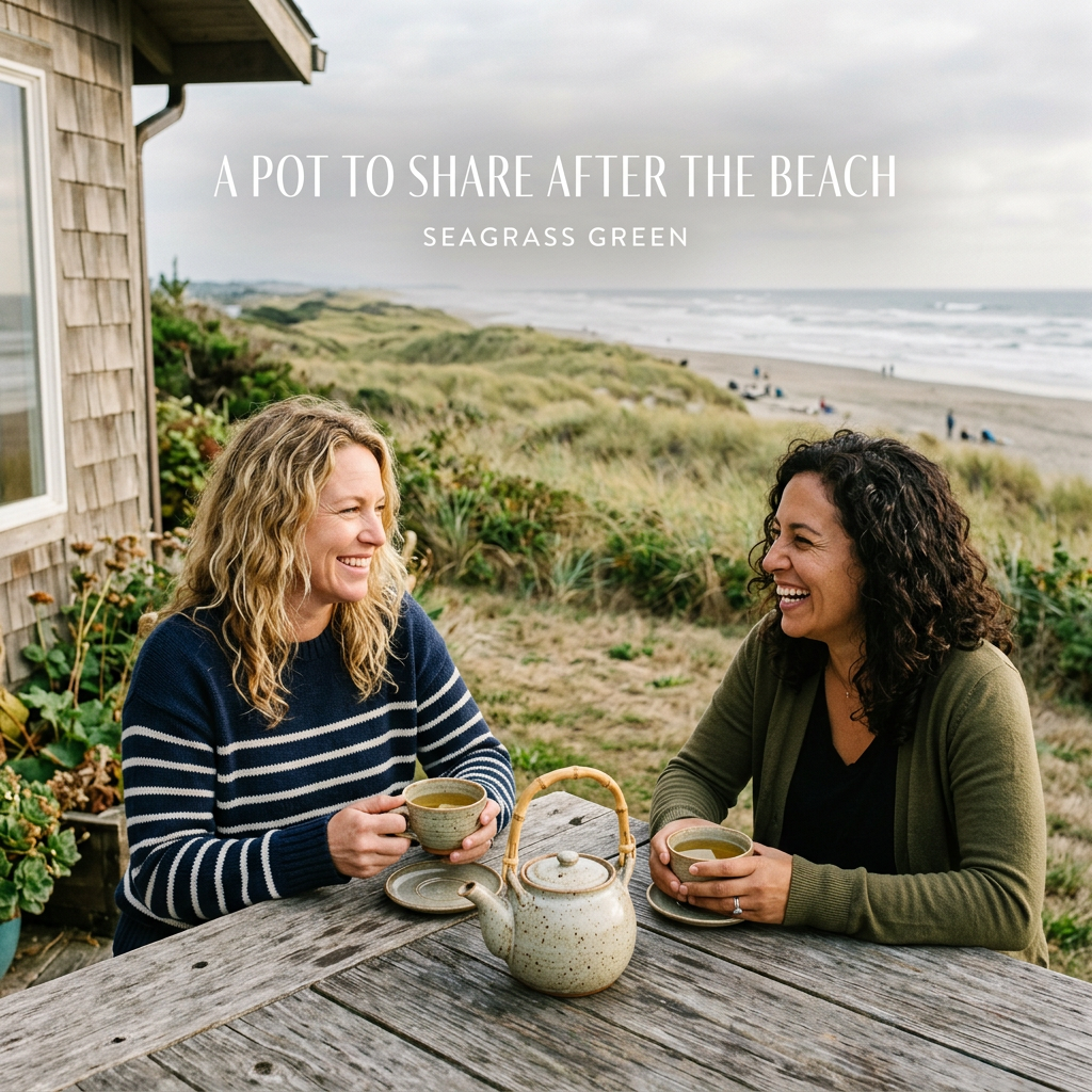 Two friends sharing Seagrass Green tea at a coastal cottage after a beach walk.