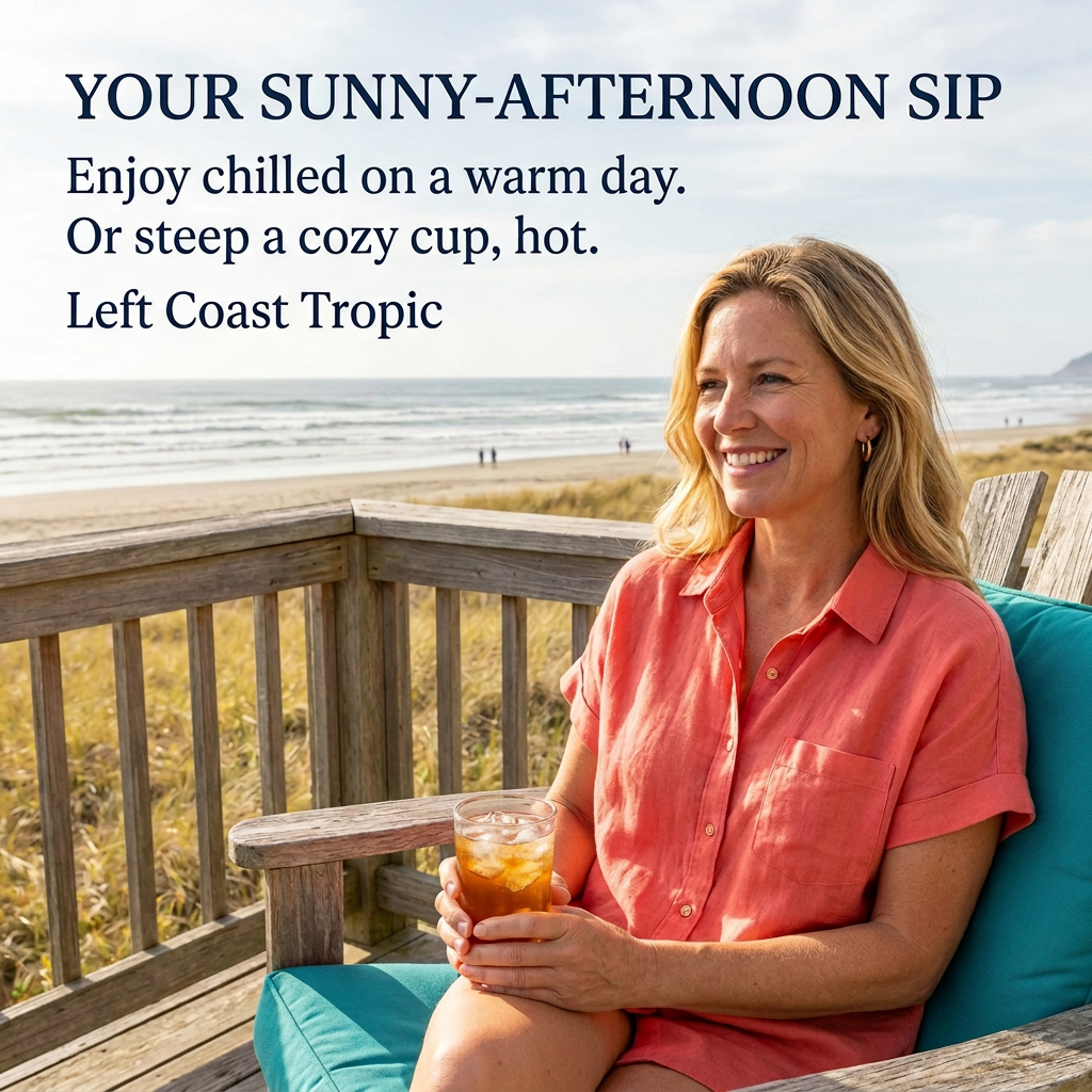 Woman enjoying Left Coast Tropic iced tea on a sunny coastal deck. Enjoy chilled or hot.