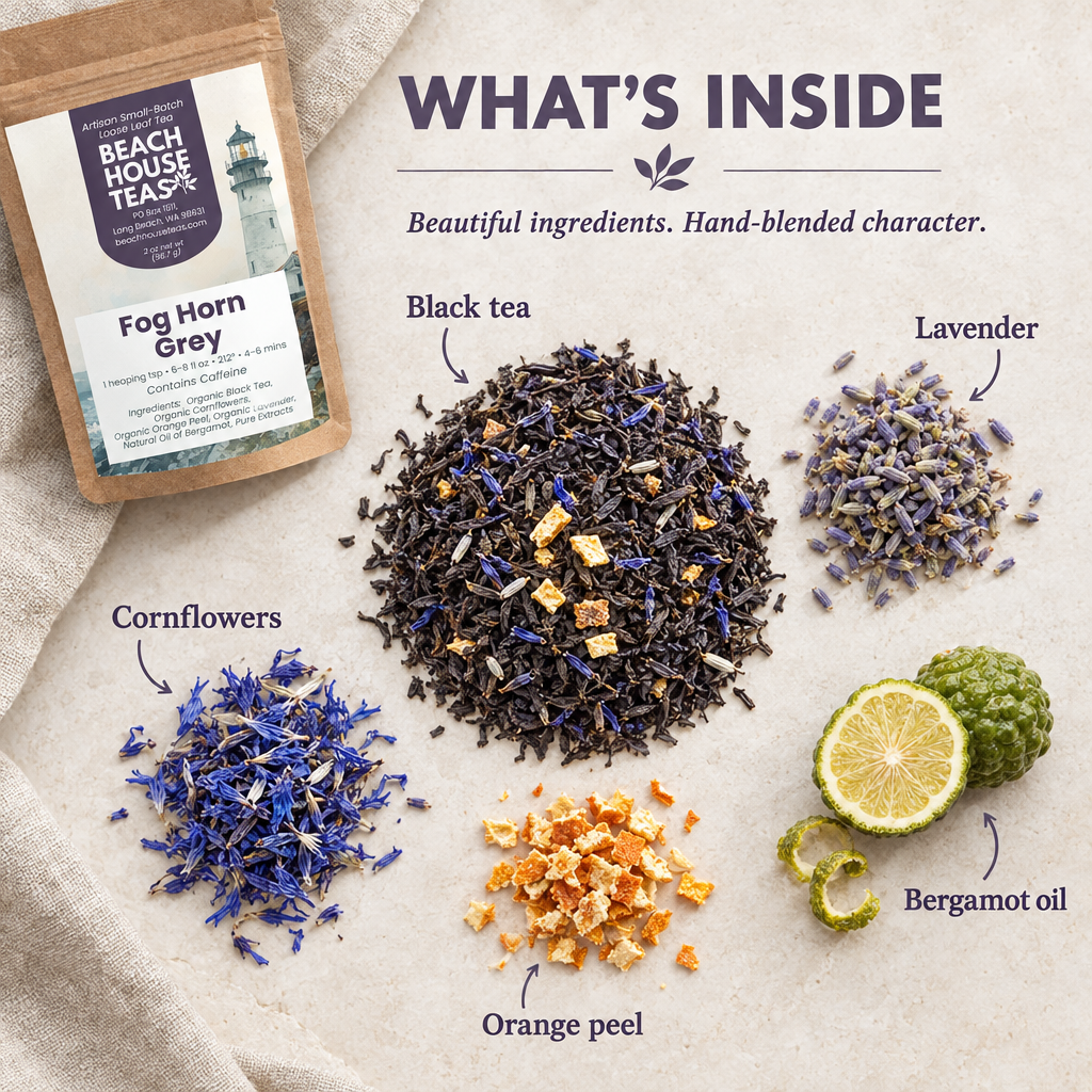 Fog Horn Grey ingredient flatlay labeled black tea, lavender, cornflowers, orange peel and bergamot oil.