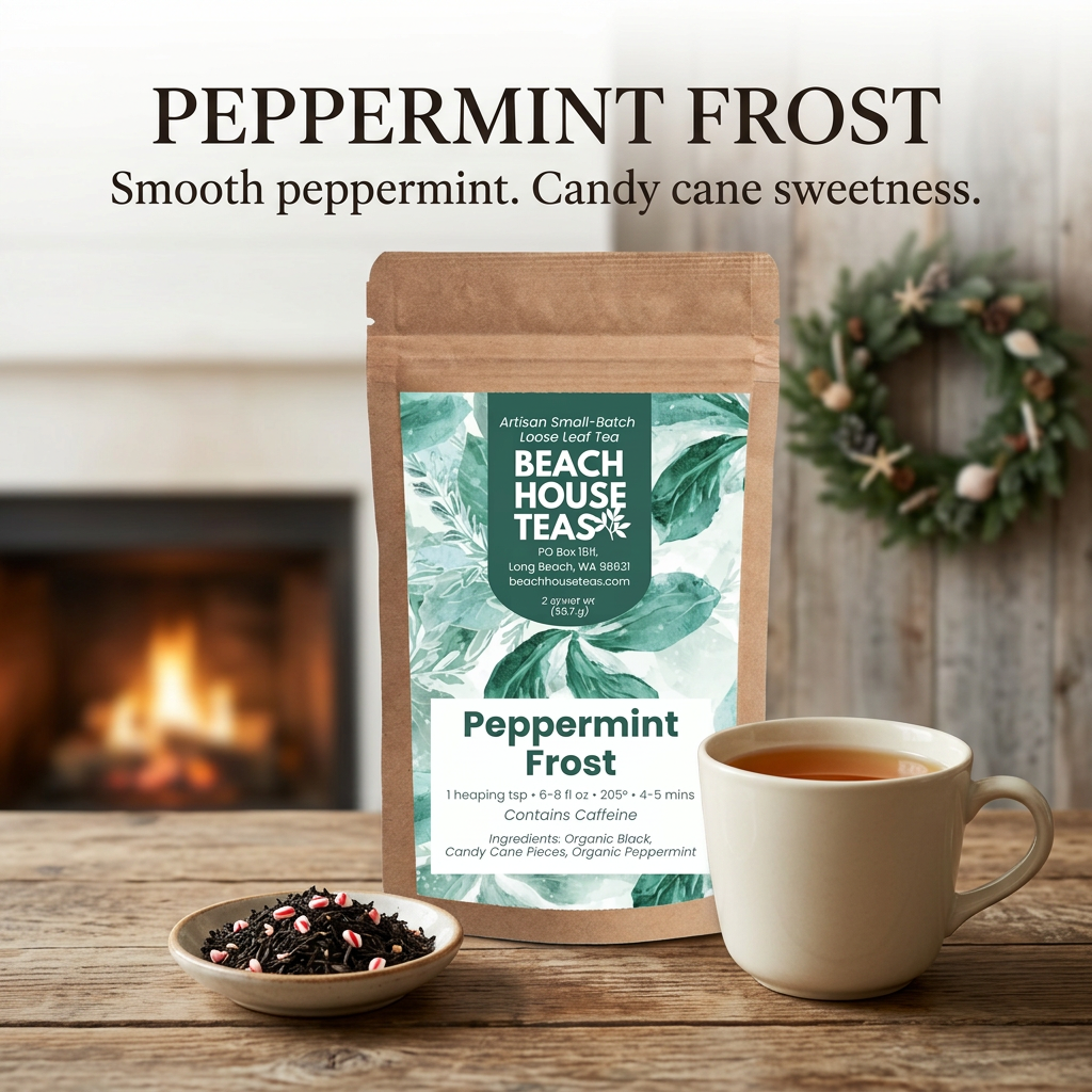 Peppermint Frost pouch beside amber tea and loose black tea with candy cane pieces in a festive cottage.