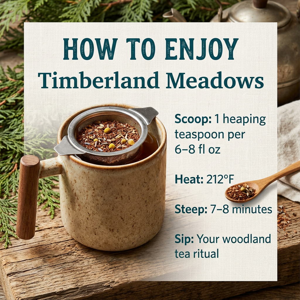 Timberland Meadows brewing guide: one heaping teaspoon per 6–8 fl oz, water at 212°F, steep 7–8 minutes.