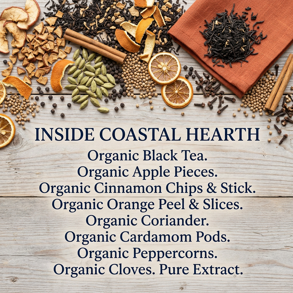 Coastal Hearth ingredients: organic black tea, apple pieces, cinnamon chips and stick, orange peel and slices, coriander, cardamom pods, peppercorns, cloves and pure extract.
