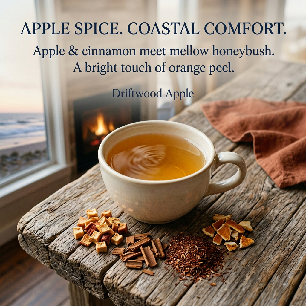 Driftwood Apple flavor notes with amber drink, dried apple, cinnamon, honeybush and orange peel on a coastal cottage table.