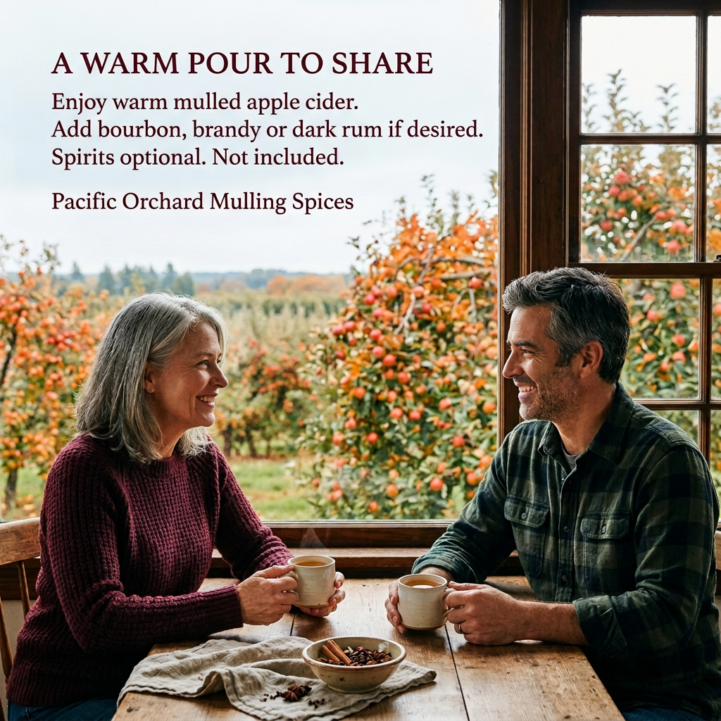 Two adults sharing warm mulled apple cider by an orchard window. Bourbon, brandy or dark rum are optional and not included.