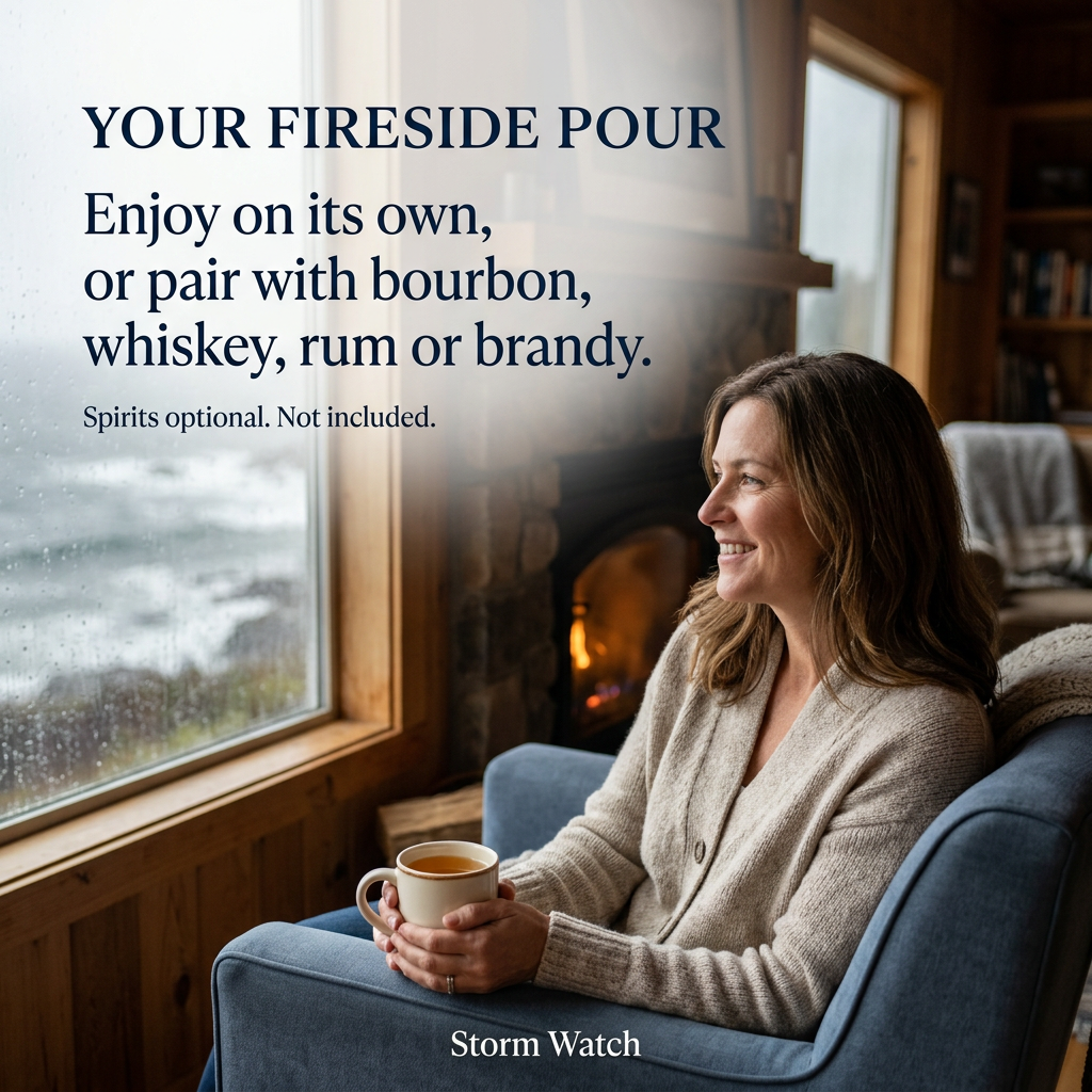 A woman with her full head and face visible holds an amber drink in a cream mug beside a rain-streaked coastal cabin window and fireplace. Your fireside pour. Enjoy on its own, or pair with bourbon, whiskey, rum or brandy. Spirits optional. Not included. Storm Watch.