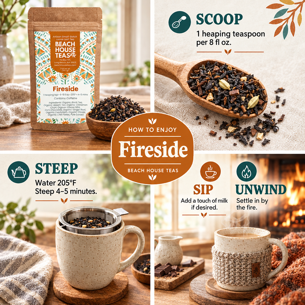 Fireside brewing guide: 1 heaping teaspoon per 8 fl oz, water at 205°F, steep 4–5 minutes; milk optional.