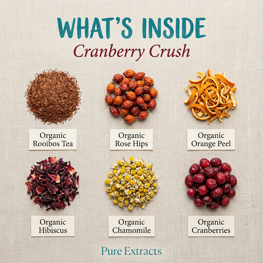 Cranberry Crush ingredients: rooibos, rose hips, orange peel, hibiscus, chamomile, cranberries and pure extracts, without packaging.