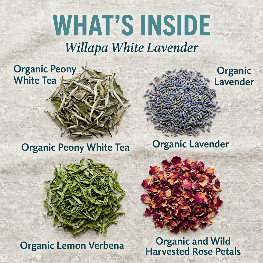 Willapa White Lavender ingredients: organic peony white tea, lemon verbena, organic and wild harvested rose petals, and lavender.