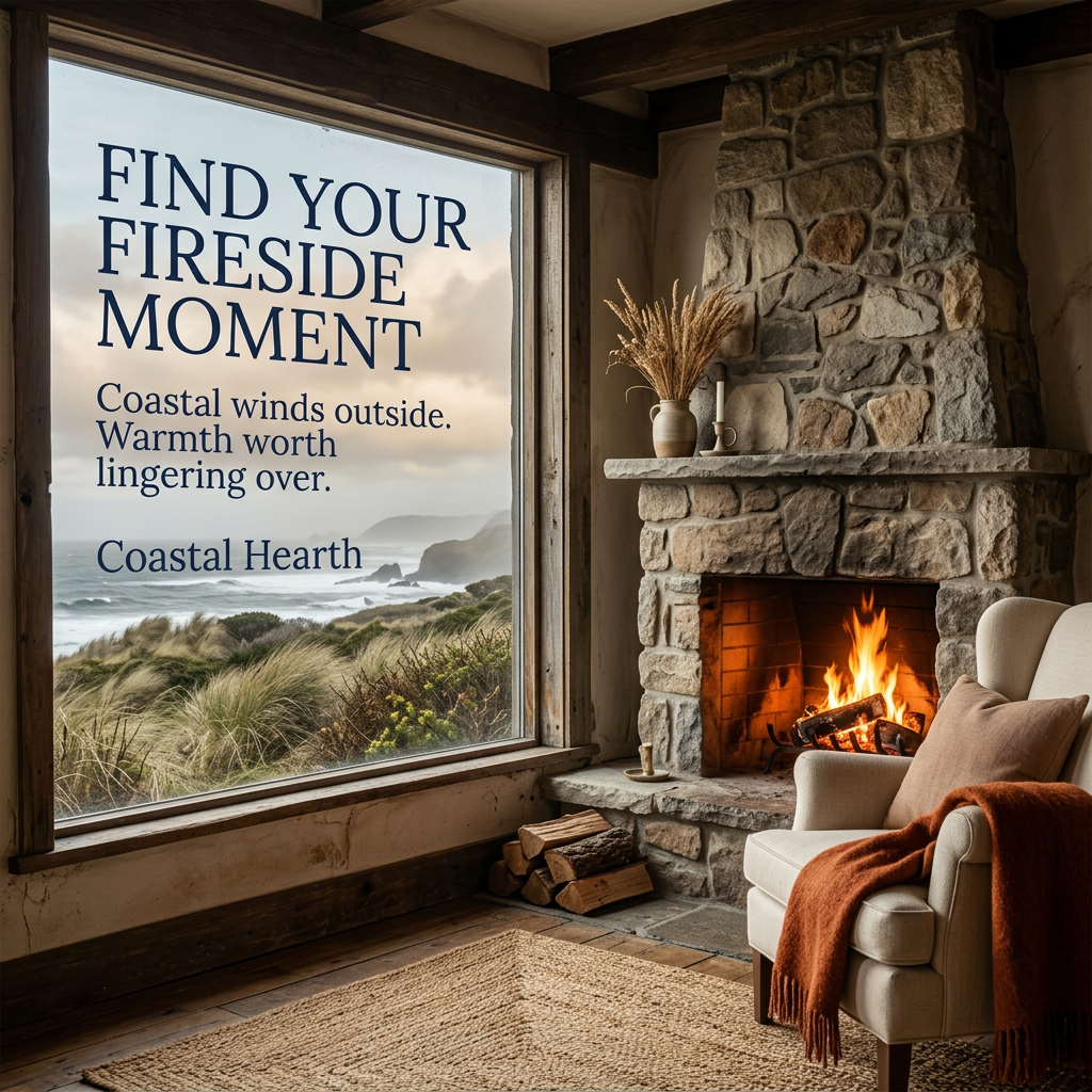 Coastal Hearth brand story: find your fireside moment in a coastal cottage overlooking ocean dunes.