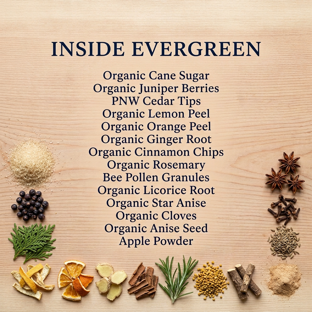 Evergreen ingredients: organic cane sugar, juniper berries, PNW cedar tips, organic lemon peel, orange peel, ginger root, cinnamon chips, rosemary, bee pollen granules, organic licorice root, star anise, cloves, anise seed and apple powder.