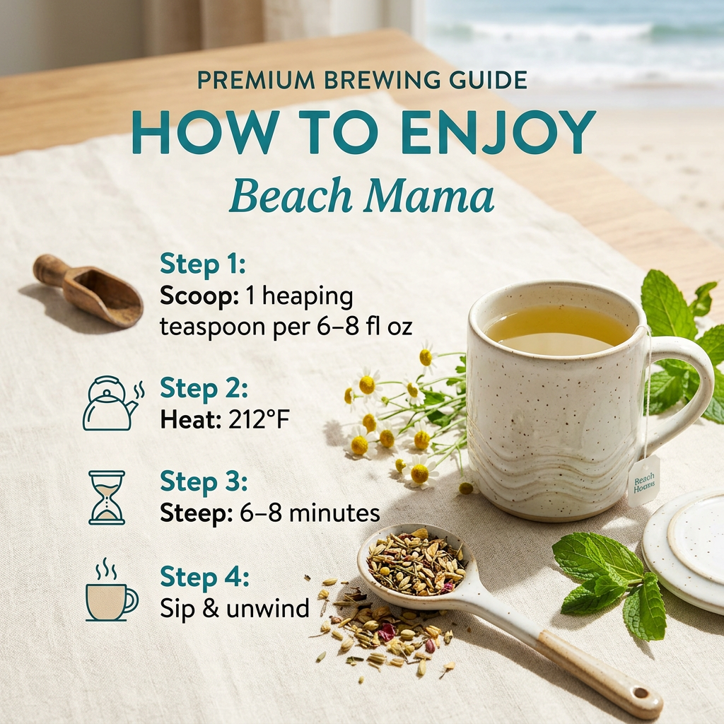 Beach Mama brewing guide: 1 heaping teaspoon per 6–8 fl oz, water at 212°F, steep 6–8 minutes.