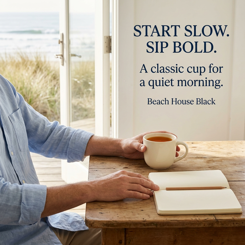 An adult in a pale blue shirt holds a cream mug of amber tea beside an open journal at a wooden table overlooking coastal grasses and surf. Start slow. Sip bold. A classic cup for a quiet morning. Beach House Black.