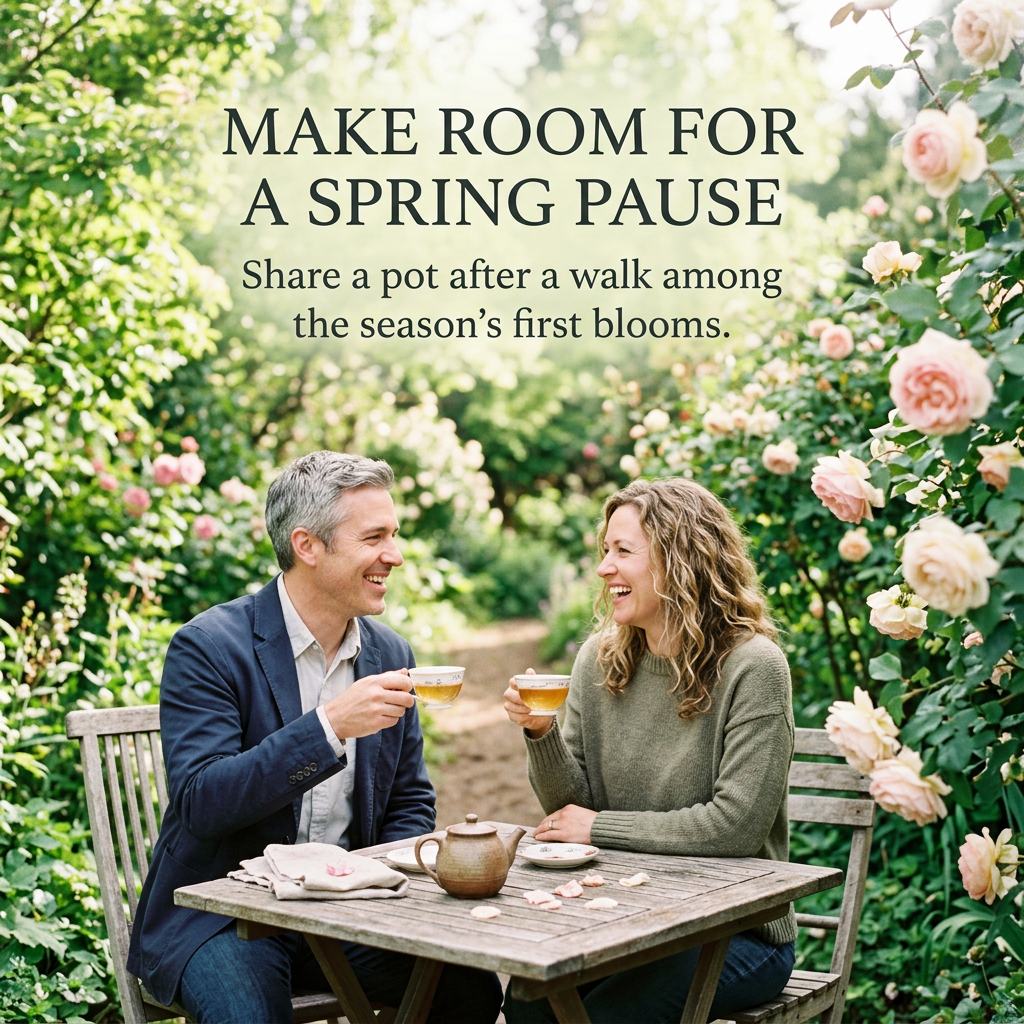 Two adults sharing tea in a spring rose garden.