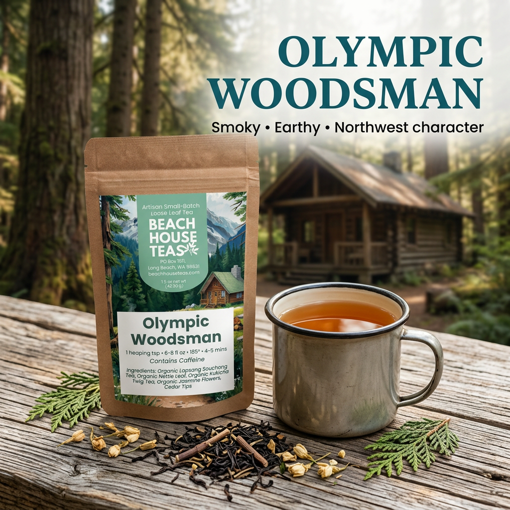 Olympic Woodsman smoky loose leaf tea hero slide.